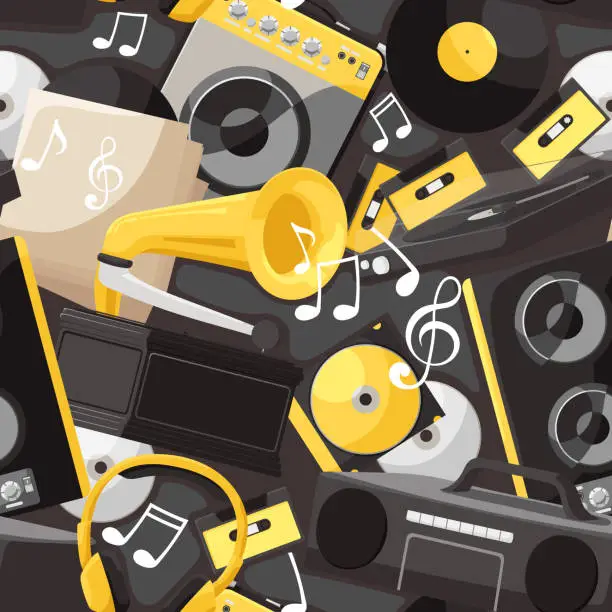 Vector illustration of Electronic music set. Gramophone playing music connected with amplifier. Headphones plugged in column. Audio carriers cd disk, vinyl plate. Seamless pattern. Vector illustration