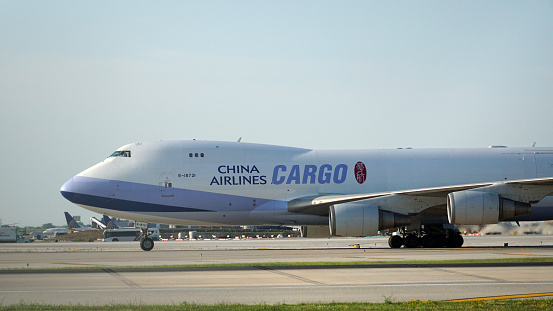 Chicago, IL, USA. China Airlines Cargo Boeing 747 Taxies on the Runway at Chicago O'Hare International Airport.
