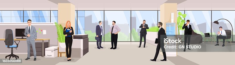istock People prepare for formal meeting together in office. Manager in suit talking to college. Employee checks presentation on desktop computer. Concept of corporate job. Vector illustration 1603056088