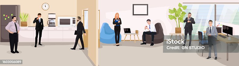 istock Formal suit meeting in office. Brake during presentation. Preparation for corporate job together. Group drinking coffee during brake. Concept of business company. Vector illustration 1603056089