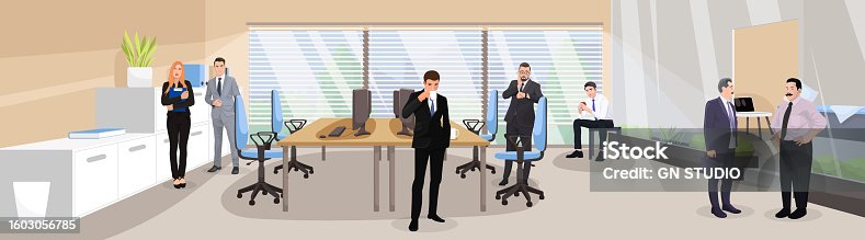istock Business conference in office. Person waiting group for company meeting. Concept of job with communication and brainstorming. Group of people standing in the room. Vector illustration 1603056785