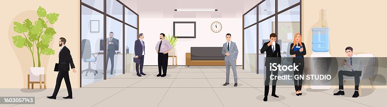 istock Businesswoman standing in room. Office for professional cooperation. Occupation for coworking team company. Concept of workplace communication. People standing in hall. Vector illustration 1603057143