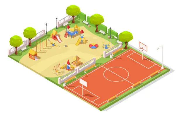 Vector illustration of Outdoor area for sport activity, children playground and basketball court, game, leisure, kid, sandpit, swing, slide, field, street. Public play courtyard. Isometric vector illustration