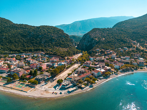 Aerial panoramic photo of Kefalonia island, Argostoli, Lixouri, Poros, Myrtos beach, Fiskardo, Skala at summer in Greece