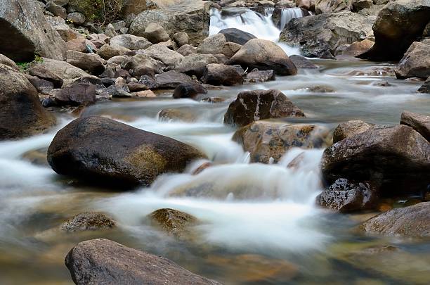 Closeup of a mountain stream in St. Vrain Canyon in the Rocky Mountains outside of Lyons, Colorado.