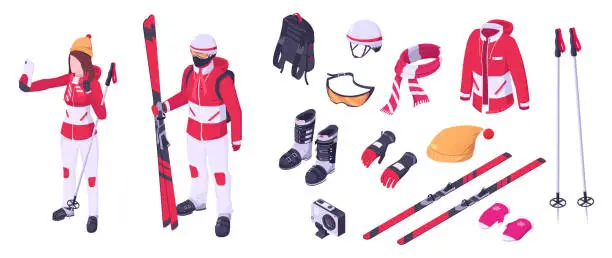 Vector illustration of Skier equipment. Active, extreme winter sport. Cartoon gear concept. Vacation with snowboard. Speed lifestyle. Skater accessories. Isolated on white background. Vector illustration