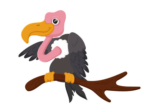 漫画のハゲタカ。かわいい鳥のキャラクター。野生の自然飛行肉食動物。黒い羽のデザイン。ピンクの首。面白い荒野、枝に座っている。白い背景に分離型。ベクターイラスト - branch bird flying pets点のイラスト素材／クリップアート素材／マンガ素材／アイコン素材