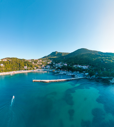 Aerial panoramic photo of Kefalonia island, Argostoli, Lixouri, Poros, Myrtos beach, Fiskardo, Skala at summer in Greece