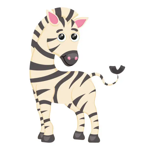 Vector illustration of Cartoon zebra. Cute animal character. Wild Africa. Safari baby. Little creature. Funny mammal. Horse with stripes. Savanna childhood. Funny zoo. Isolated on white background. Vector illustration