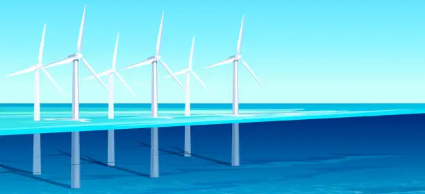 Vector illustration of Wind farm power. Renewable energy. Electricity production. Alternative technology. Sea landscape. Modern generator. Clean production. Air source. Windmill in water. Vector illustration