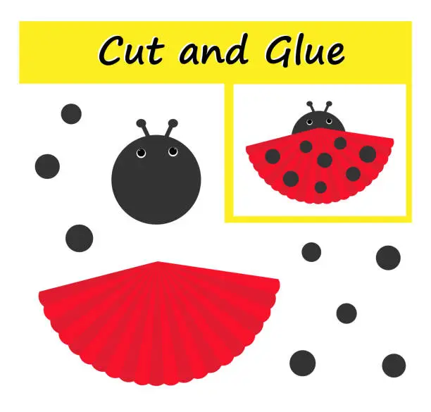 Vector illustration of Educational paper game for kids. Cut parts of the image and glue on the paper. DIY worksheet. Cartoon ladybug.