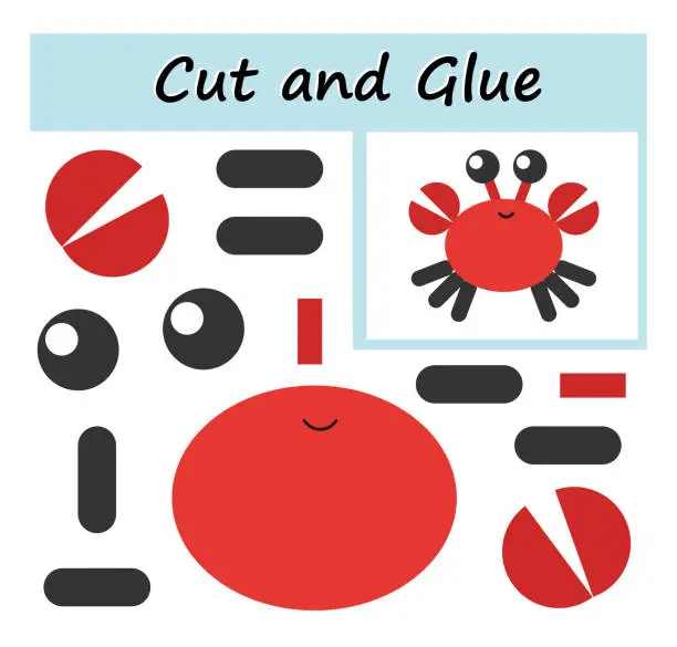 Vector illustration of Educational paper game for kids. Cut parts of the image and glue on the paper. DIY worksheet. Cartoon crab.