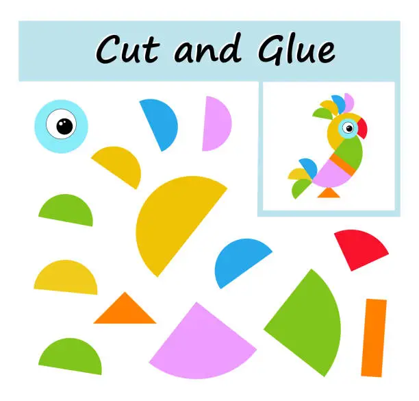 Vector illustration of Educational paper game for kids. Cut parts of the image and glue on the paper. DIY worksheet. Cartoon parrot.