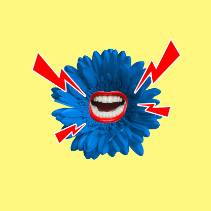 Creative artwork. Contemporary collage of talking, screaming mouth with red lips inside blue flower against pastel yellow background. Concept of announcement, news, sale, communication and ad.