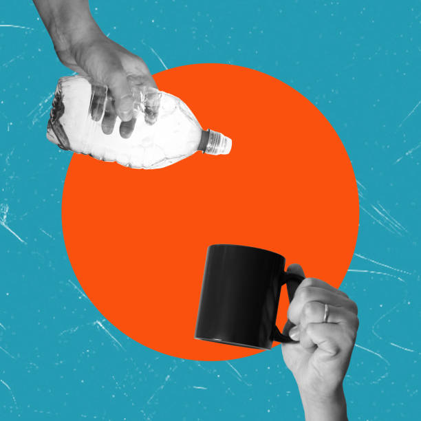 istock Art collage, Hand with water bottle pouring into a mug on blue background. 1603095107
