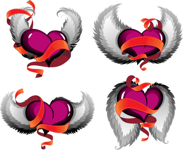 Valentine hearts with wings and ribbons Valentine hearts with wings and ribbons on a white background. Valentine's Day icons. EPS10. Contains transparent objects sketches-of-hearts-with-wings-clip-art stock illustrations