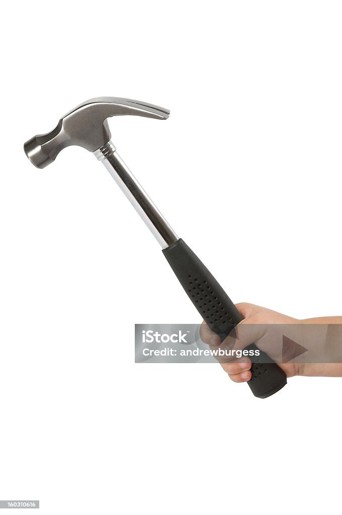 Childs mano sosteniendo un martillo en blanco. - Foto de stock de Aferrarse libre de derechos