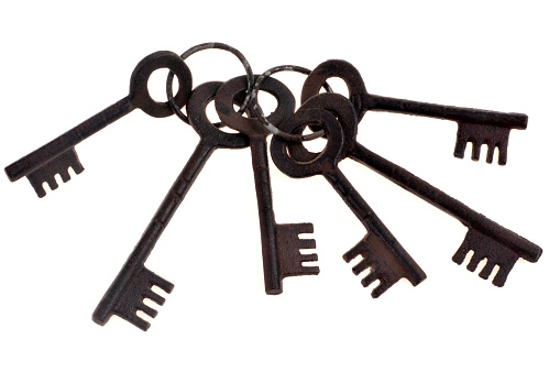 Bunch of old keys close-up on a white background