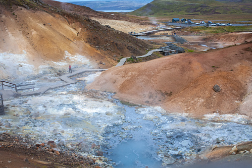 Krýsuvík, popular with hikers, this area features geothermal fields, hot springs & yellow, green & red soil.