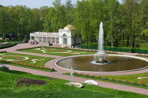 View of track and fountains in lower park, Peterhof, Russia