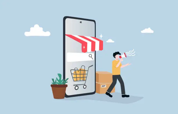 Vector illustration of Opening online shop, selling product through e-commerce platform concept, Male merchant holding megaphone to make announcement near online store on mobile phone.