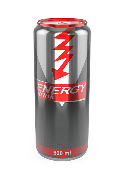 3D illustration of a red and gray energy drink can stock photo