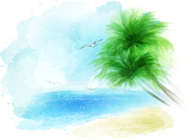 akwarelowa morze landckape - cruise ship cruise beach tropical climate stock illustrations