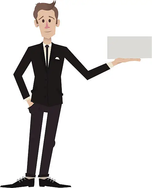 Vector illustration of Man In A Suit Presenting Sign On Hand