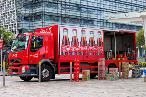Hong Kong - August 9, 2023 : Coca-Cola Delivery Truck at Hong Kong Science Park in New Territories, Hong Kong.