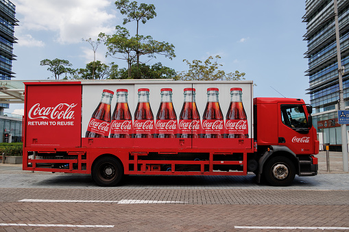 Hong Kong - August 9, 2023 : Coca-Cola Delivery Truck at Hong Kong Science Park in New Territories, Hong Kong.