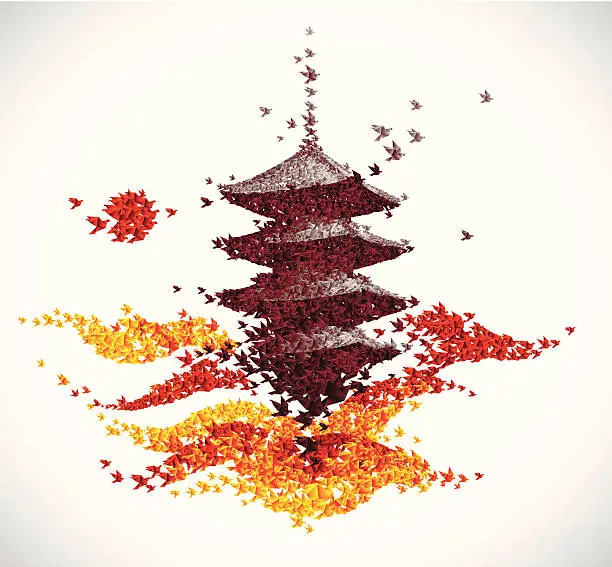 Vector illustration of Japan temple shaped from origami birds