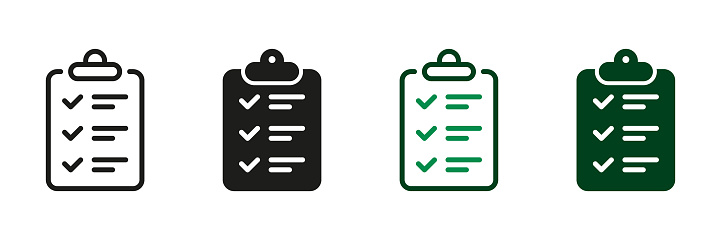 Clipboard Line and Silhouette Icon Set. Form, Checklist Black and Color Pictogram. Business Contract Symbol Collection. File with Check List Sign. Data Report. Isolated Vector Illustration.