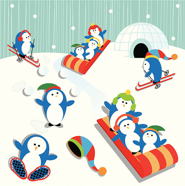 pingwin zabawa - snowshoeing snowshoe child winter stock illustrations