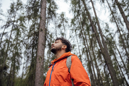 In the midst of an Austrian Larch woodland, a man stands eyes closed, soaking in the calming embrace of nature. The tallLarch trees surrounding him create a tranquil aura as he takes a moment to rejuvenate, finding solace and mental wellbeing among the trees.\