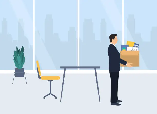 Vector illustration of Businessman Leaving Office With Belongings In Box. Unemployment, Layoff And Economic Crisis Concept