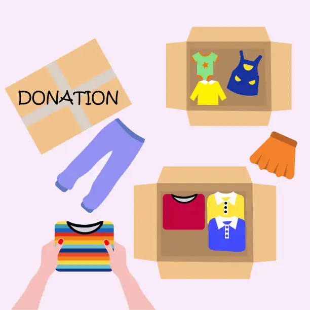 Vector illustration of A helpful woman prepares a donation box of clothes