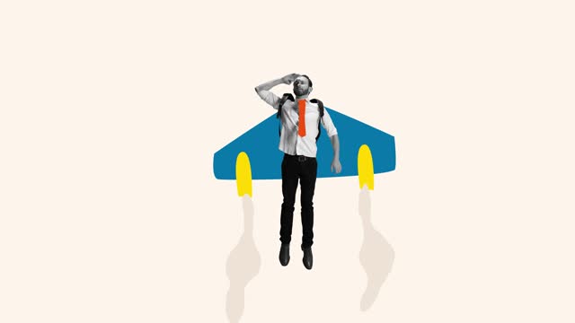 Contemporary art collage of man flying up on a plane symbolizing career growth. Stop motion, 2D animation