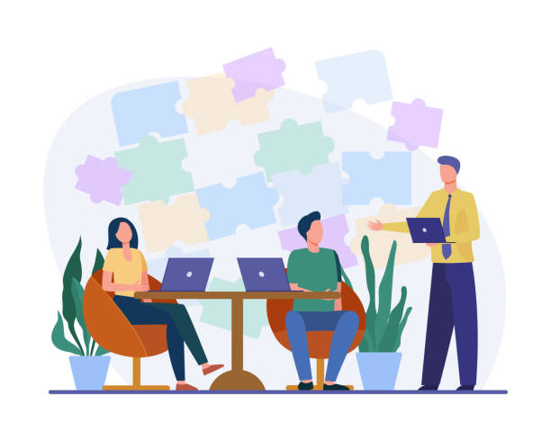 Manager providing constructive feedback vector illustration Manager providing constructive feedback vector illustration. Employees working in team, using laptops, understanding each other and showing empathy. Emotional intelligence in workplace concept constructive feedback stock illustrations