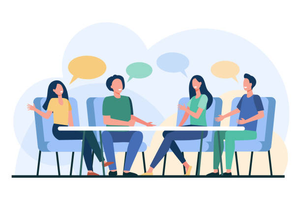 People engaged in group discussion vector illustration People engaged in group discussion vector illustration. Team of friends or colleagues sharing ideas, collaborating, listening to each other. Social skills, effective communication concept cartoon of conclusion stock illustrations
