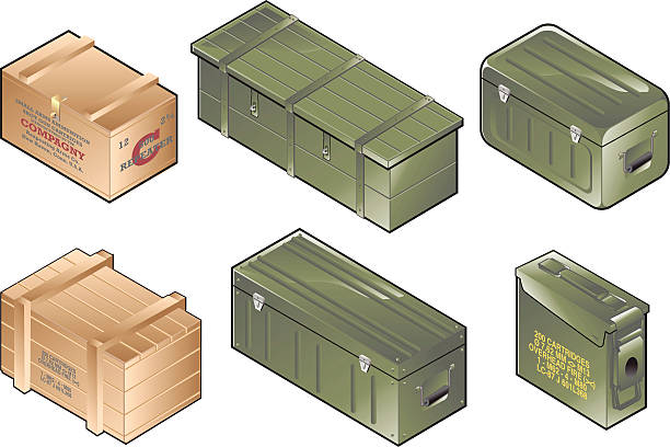 Army Boxes Set of six isometric icons. ammunition stock illustrations