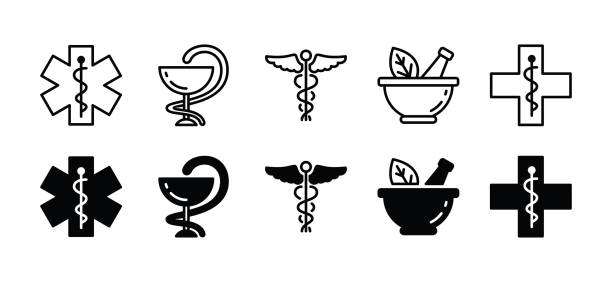 ilustraciones, imágenes clip art, dibujos animados e iconos de stock de conjunto de iconos de farmacia. serpiente caducea, médicos, símbolo de icono de cuenco de hierbas en línea y estilo plano para aplicaciones y sitios web. ilustración de vectores de atención médica - hospital science backgrounds snake