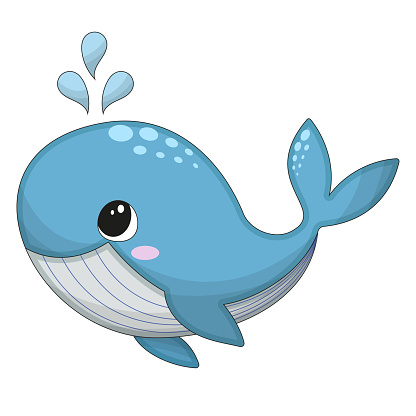 Vector illustration of cartoon cute happy whale for design element. Funny sea animal on a white background.