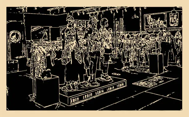 Vector illustration of display in clothing store of shopping mall,abstract art woodcut style pattern background