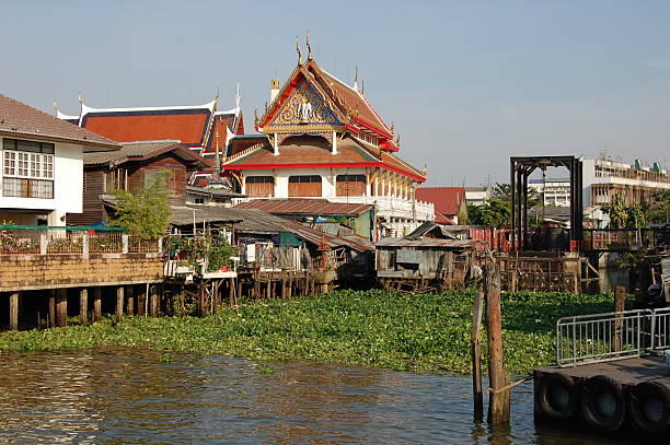 Wat on Chao Praya riverbank at boat pier in Bangkok, not far from Banglaphu historical district.