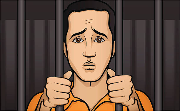Prisoner behind bars vector art illustration