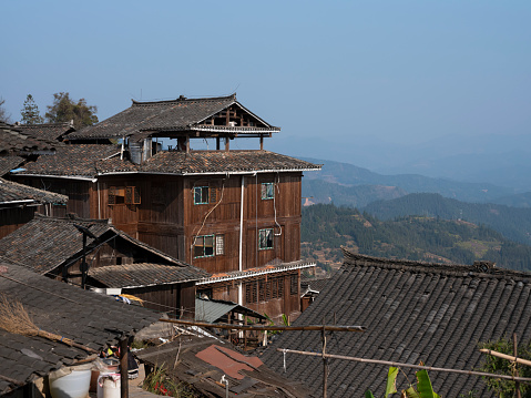 Stilted building in Miao Village, China, which is located in Basha Miao Village, Qiandongnan Prefecture, Guizhou, China.