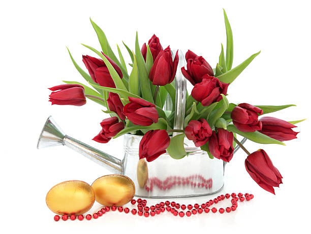 ovos de páscoa e tulipas - tulip red centrepiece decoration - fotografias e filmes do acervo