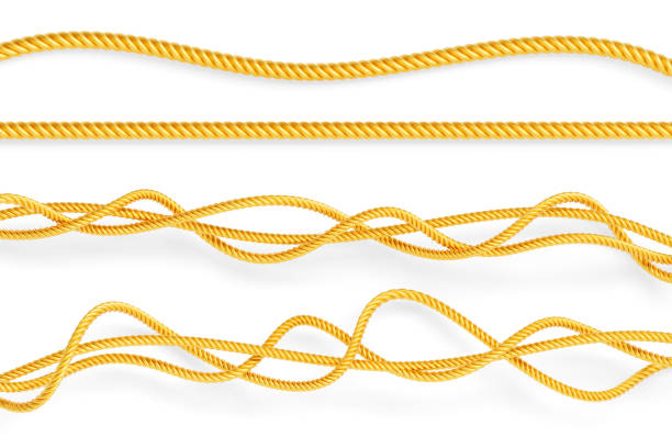 istock Gold ropes, straight and wavy twisted twines isolated on white background. Realistic 3d render set of jute or hemp cords with loops, metal cables or strings, decoration curved borders 1603233980
