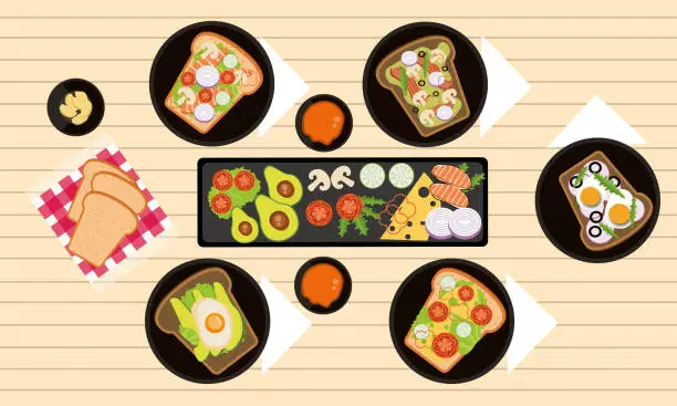 Vector illustration of dinner table with healthy sandwiches