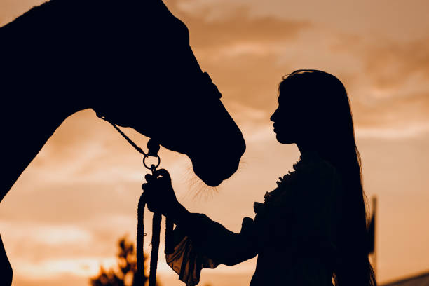 Silhouetted against vivid sunlight from a sinking sun breaking through winter clouds, a woman horseback rider walks her horse along the edge of the sandy beach.